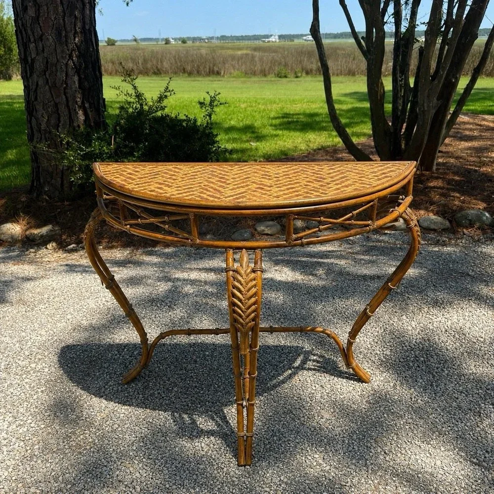 Vintage Regency Faux Bamboo Demilune Console Table Woven Metal Charleston Estate